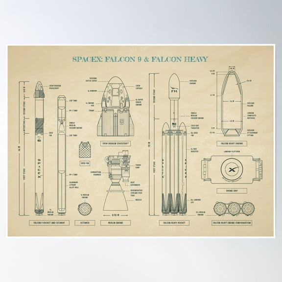 Spacex: Falcon 9 & Falcon Heavy (Parchment Version) Poster Wall Art, Modern Wall Decor, 8x12 UNFRAMED