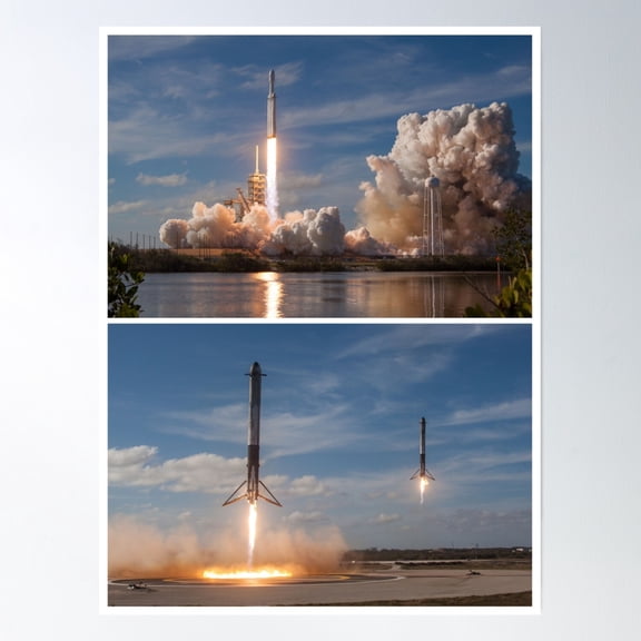 Spacex Falcon Heavy Liftoff And Landing (8K Resolution) Poster Wall Art Modern Wall Decor Art