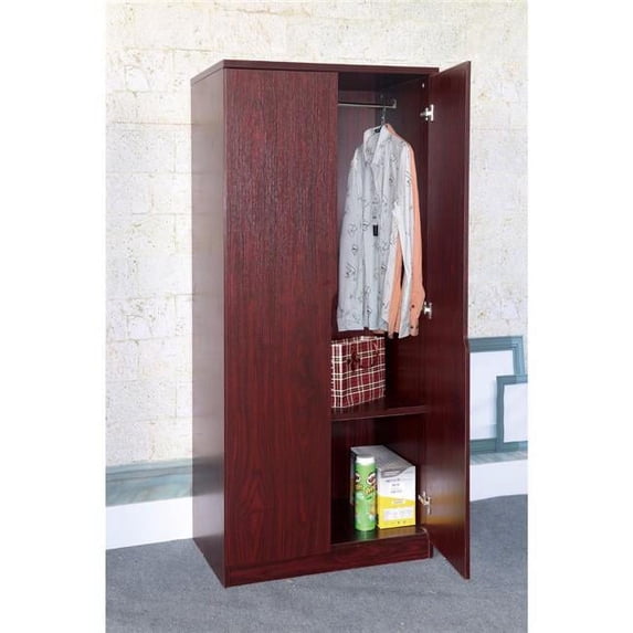 Benzara BM141855 Spacious 2 Door wardrobe with Two Bottom Shelves, Hanging rail, Cherry Brown