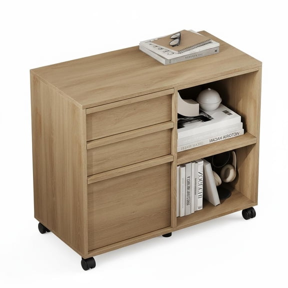 Spacious 3-Drawer Wood File Cabinet – Mobile Lateral Storage with Shelves – Rolling Under Desk Printer Stand – Brown-Red/Natural Wood Finish