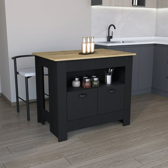 Modern Black Macadamia Kitchen Island 35.3" H Offering Cookware Storage