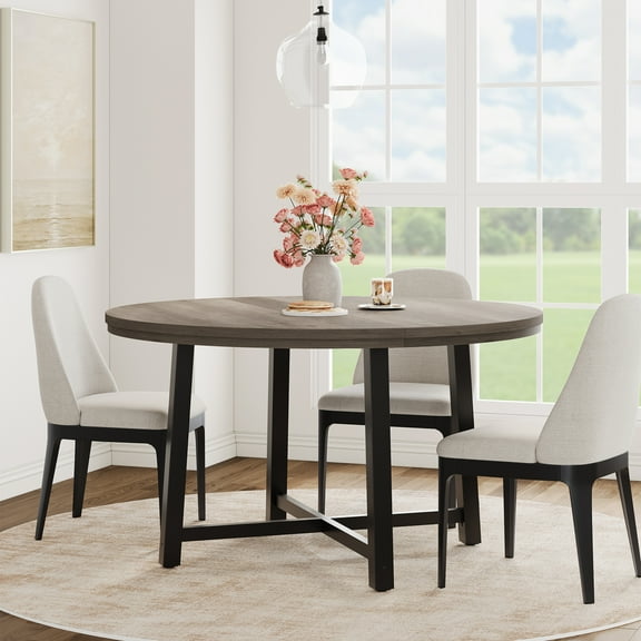 Spacious 47'' Round Dining Table for 4-6 – Industrial Wood Top & Sturdy Metal Frame – Rustic Brown Finish – Large Circle Kitchen Table for Dining Room or Kitchen (No Chairs)