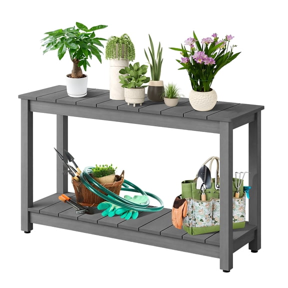 Spacious 48 Inch Outdoor 2-Tier Wooden Console Table – All-Weather Patio Side Table for Porch, Garden, or Balcony – Rust-Resistant and Easy to Clean – Gray
