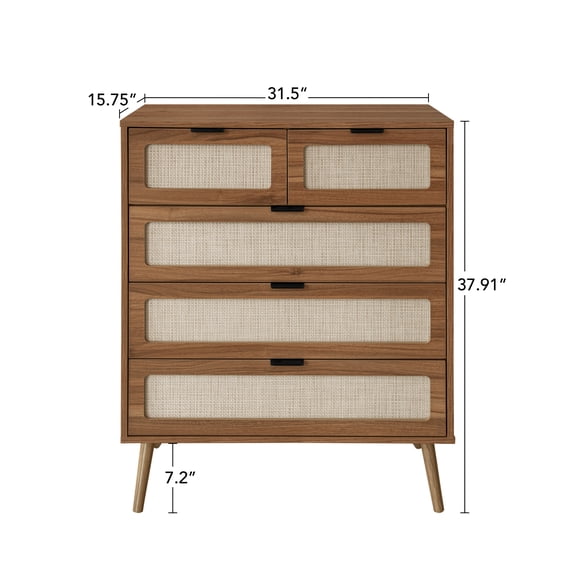 Spacious 5 Drawer Cabinet with Engineered Rattan Design and Durable Pine Legs, Modern Accent Storage Cabinet for Living Room, Bedroom, and Dining Room with Scratch-Resistant Melamine Veneer