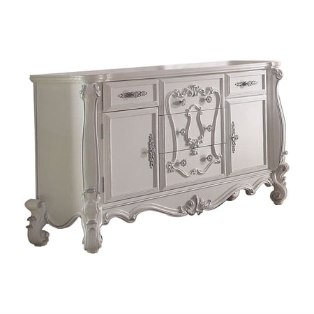 Spacious 5 Drawer Wooden Dresser with Scrolled Legs, Bone White