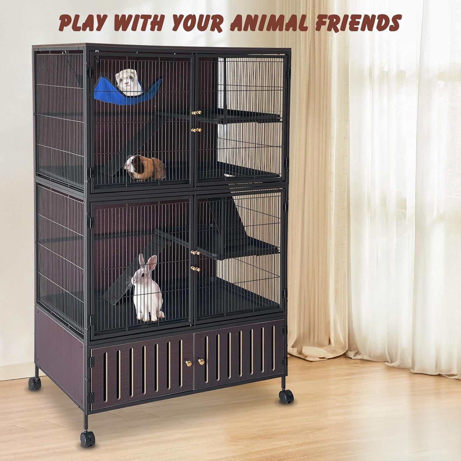 Spacious 5-Level Ferret Cage with Locker - 59" H Rolling Pet House for Guinea Pigs, Rabbits, Chinchillas, and More - Includes Removable Ramps, Double Doors, Hammock, Trays, Black