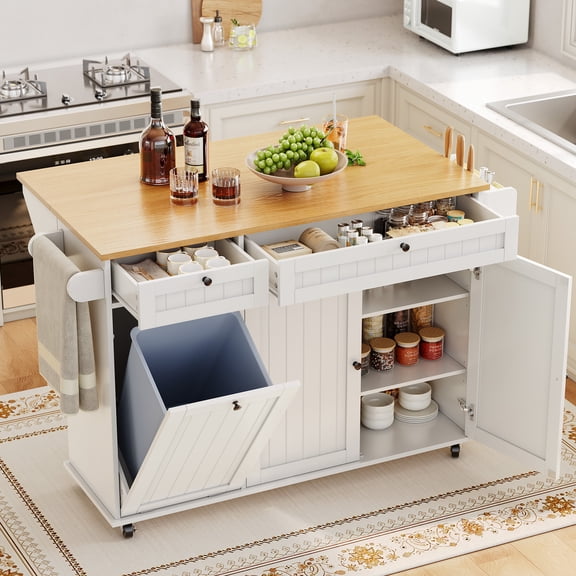 Spacious 55" Rolling Kitchen Island Cart – Mobile Cabinet with Storage, Spice Rack, Towel Bar, Knife Holder, Trash Can Compartment – Versatile Dining Room Furniture for Home Kitchen