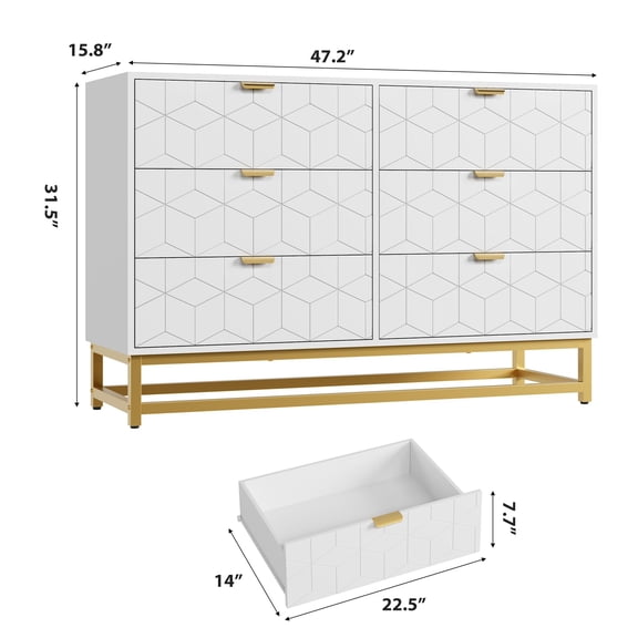 Spacious 6 Drawer Dresser – Modern White Double Chest with Gold Metal Handles – Entryway, Bedroom, Hallway, or Closet Storage Cabinet – Sturdy Wooden Furniture – Color: White