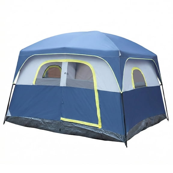 6-Person Family Camping Tent, Blue, Waterproof, Windproof, Easy Setup, Large Mesh Windows, All-Weather