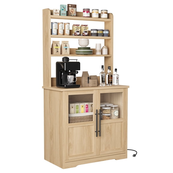 Spacious 6-Tier Baker's Rack with Power Outlet – Farmhouse Kitchen Pantry Hutch, Thick Tabletop, Storage Cabinet, Microwave Stand, Coffee Bar Shelf for Dining Room – Wood Color, US Standard Power