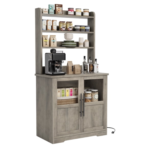 Spacious 6-Tier Grey Baker's Rack with Power Outlet – Modern Kitchen Pantry Hutch, Thick Tabletop, Storage Cabinet, Microwave Stand, Tall Coffee Bar Shelf for Dining Room – US Standard Power 2AC+2A