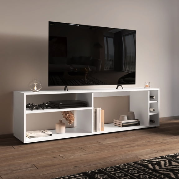 Spacious 63" Particle Board Stand | Supports 60 - 69" TVs with Integrated Bar Cubbies | Clean Lines and Organized Cables