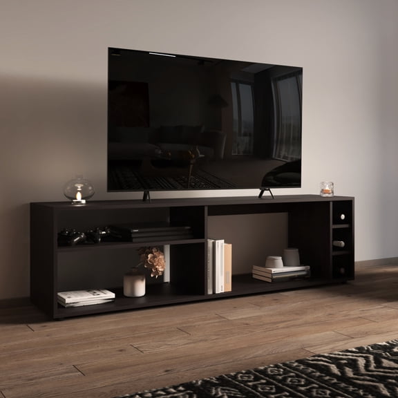Spacious 63" TV Stand with Minimalistic Design / Organizes Cables, Stores Bottles
