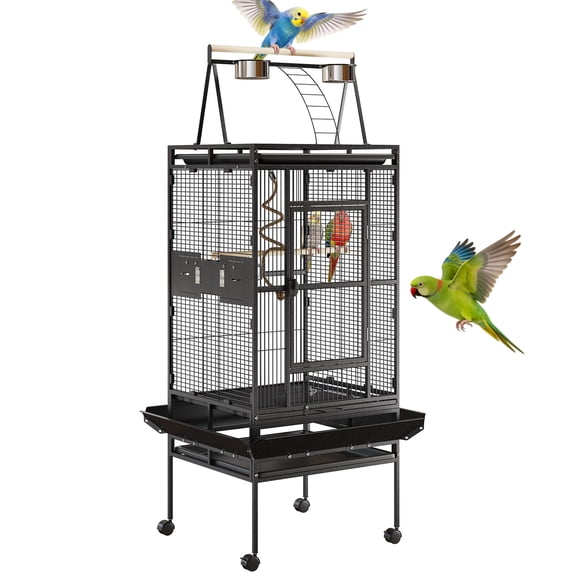Spacious 67-Inch Wrought Iron Large Parrot Bird Cage with Playtop, Rooftop Playground & Rolling Stand - Ideal for Cockatiels, Conures, Parakeets, Lovebirds, Canaries, Quaker Parrots