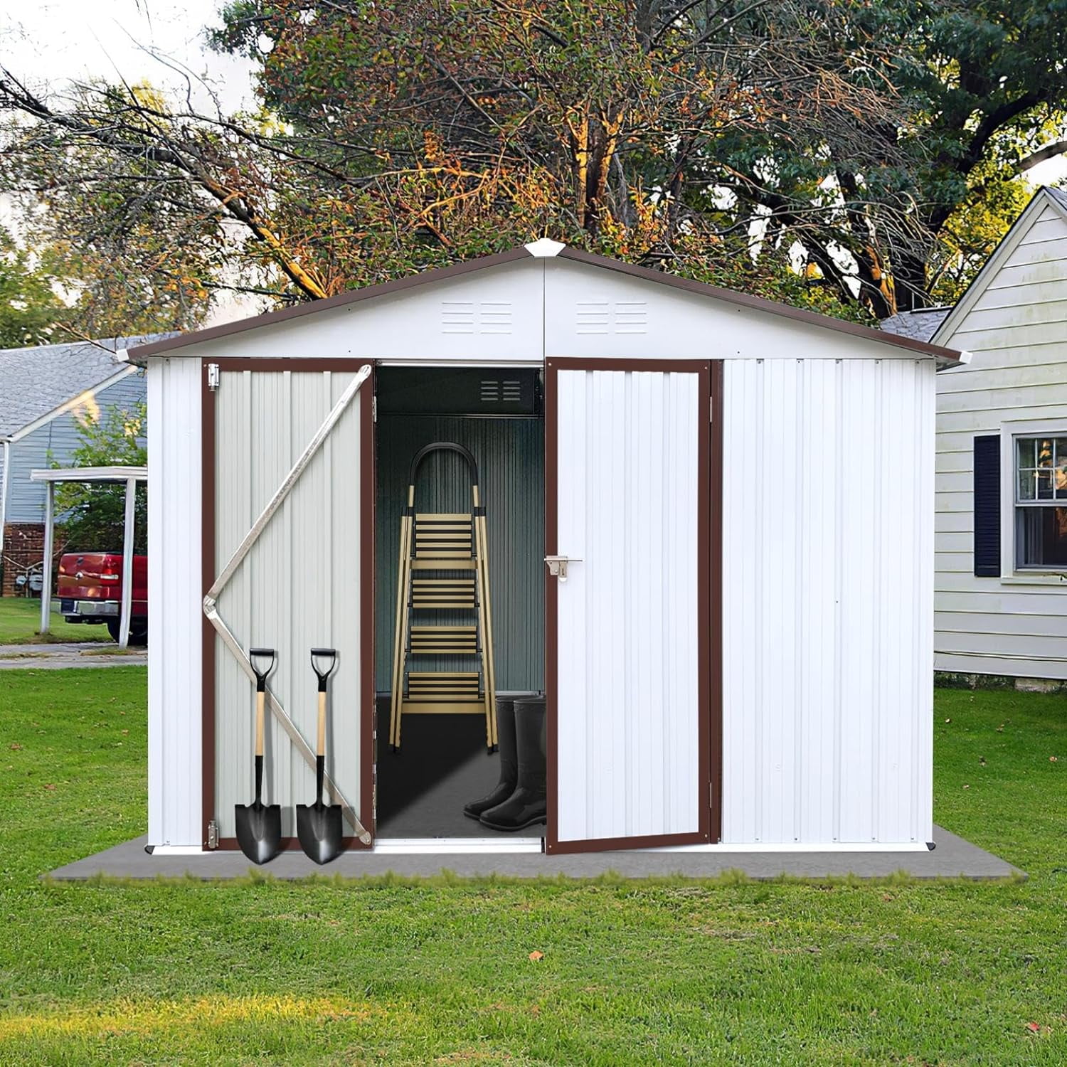 Spacious 6ft x 8ft Metal Garden Shed - White & Offee Outdoor Storage ...