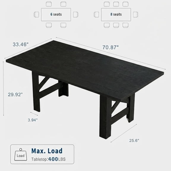 Spacious 71'' Farmhouse Dining Table for 6-8 - Sturdy Wood Rectangular Table - Thick Top & Sturdy Triangular Legs - Rustic Style for Kitchen or Dining Room - Color: Black