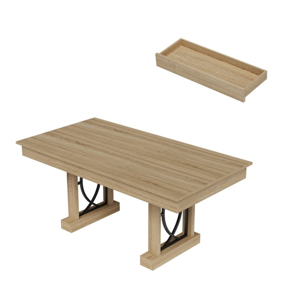 Spacious 71-Inch Dining Table for 6-8 – Rectangular Wooden Table with 2 Drawers, Double Pedestal Frame, Large Tabletop, Perfect for Kitchen or Office – Distressed Natural Wood Color