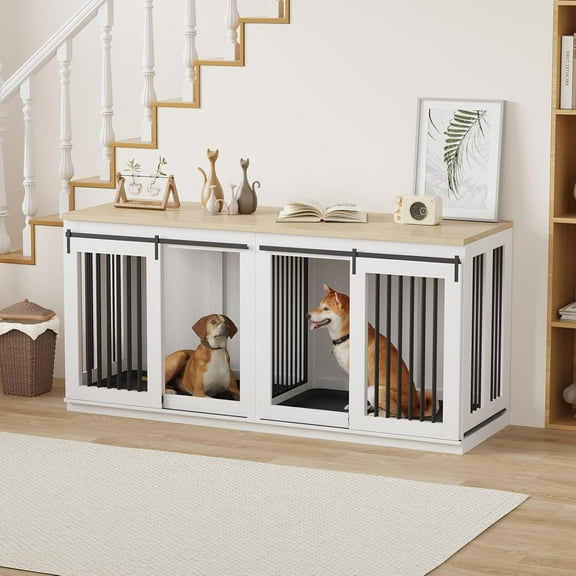 Spacious 71" Wooden Dog Crate for 2 Dogs, Stylish Heavy-Duty Dog House with Divider and Dual Trays, Perfect as Indoor Furniture or TV Stand