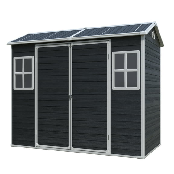 Spacious 8x4 ft Plastic Outdoor Shed Featuring Double Doors, Two Windows, and Floor for Secure Storage in Garden, Patio, Yard, or Lawn