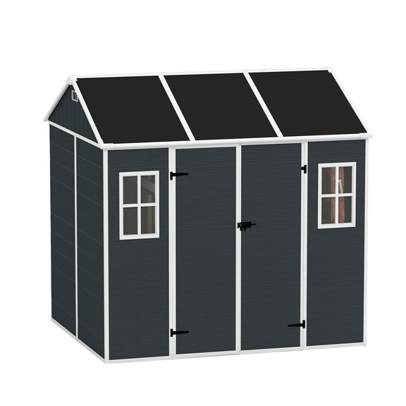 Spacious 8x7ft Resin Shed - Two Windows & Double Doors, Includes Floor - Perfect Outdoor Storage for Garden Equipment, Patio Furniture