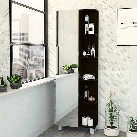 Spacious 9-shelf Black Linen Cabinet With Mirror And Functional Organization Ample Storage Capacity