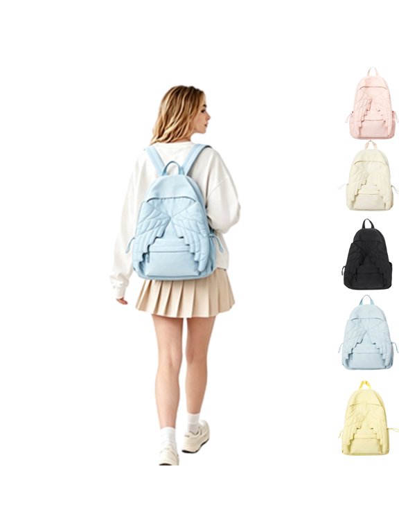 Spacious Angel Wings Backpack, Cute Quilted Nylon Daypack for Women, Lightweight Travel Backpack with Decorative Charms,Blue