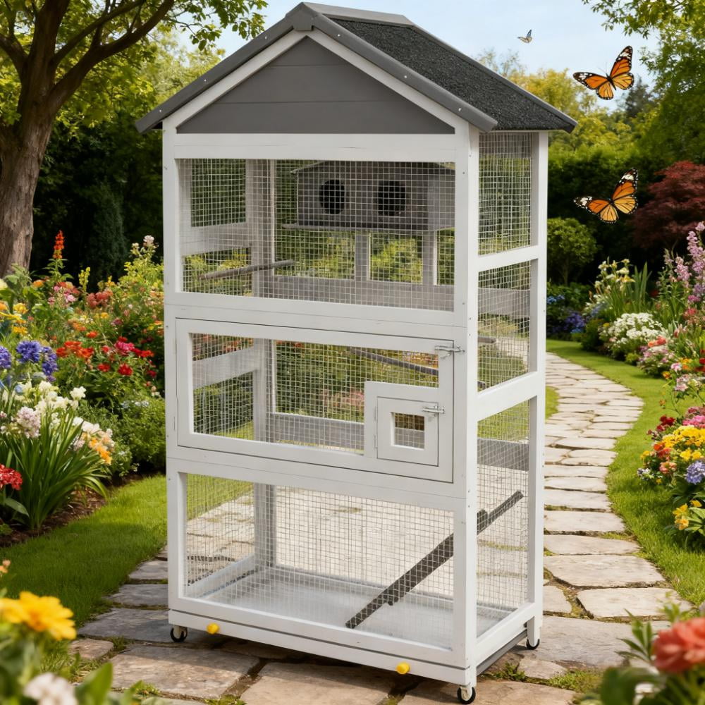 View of Spacious Bird House,Wooden Bird Aviary with Slide-Out Tray, Birdhouse ...