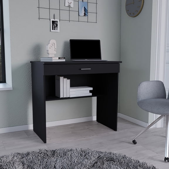 Spacious Black Work Desk With Character And Shelf Flair Convenient Storage Shelving