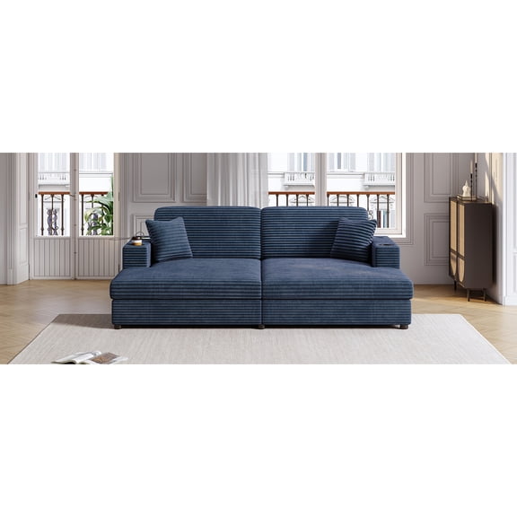 Spacious Blue Corduroy Sleeper Bed With Two Ports, Cup Supports And Delightful Throw Pillows For Relax Drink Warm Bedroom