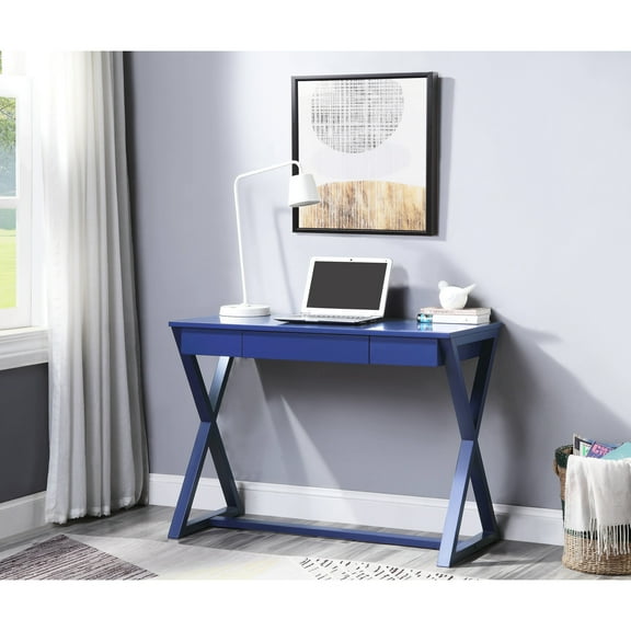 Spacious Blue Desk With Stylish X-shaped Wooden Base And Top Area Construction