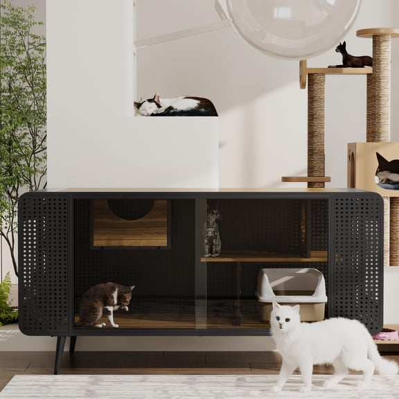 Spacious Cat House Furniture, Cat Kennel Cabinet with 2 Sliding Tempered Glass Doors and Multi-Level Shelves, for Living Room and Study, Black and Brown