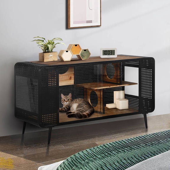 Spacious Cat House with Tempered Glass Doors – 55" Large Indoor Cat Condo, Fir Wood & Iron Frame, Hollow Ventilation, for Living Room Hallway