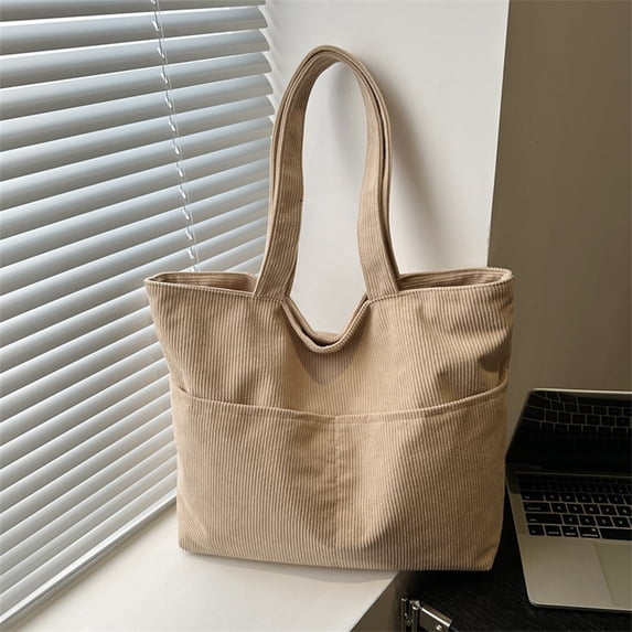 Spacious Corduroy Tote Bag with Multiple Pockets - Fashionable Shoulder Bag for Campus Life, Work Commute and Everyday Essentials Organization