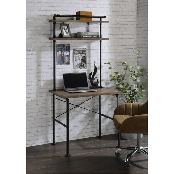 Spacious Desk With Industrial Design And Rustic Oak Allure Metal Style Practical Shelf System