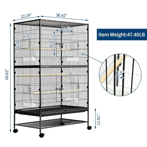 Spacious Double Layer Bird Cage for Parrots & Large Birds – Rolling Aviary with Storage Stand, Easy-Clean Steel, Feeders – Home & Pet Shop Birdcage