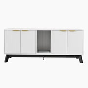 Spacious Dual-Room Cat Litter Box Enclosure   59" Hidden Litter Box Furniture, Cat Litter Mat, Wooden Indoor Pet House, TV Stand Side Table   White/Black