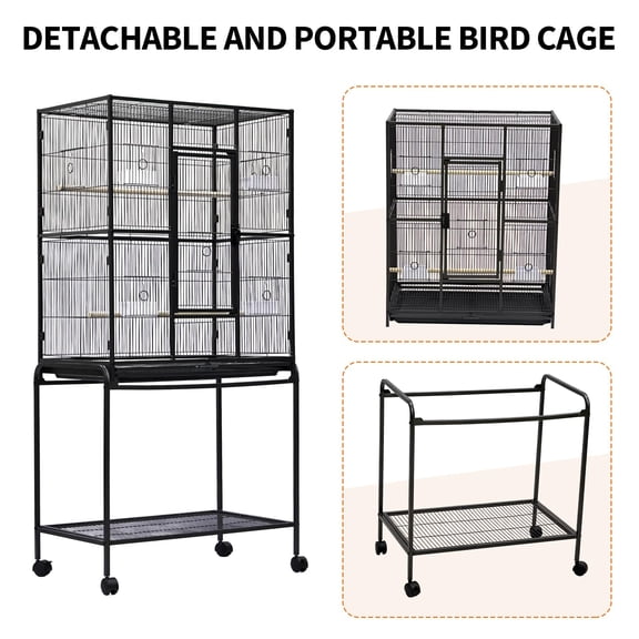 Spacious Flight Bird Cage with Rolling Stand & Storage Shelf - Durable Wrought Iron Parrot Home - Easy Clean, Ideal for Parakeets, Cockatiels, Conures, Lovebirds, Cockatoos - Black, Medium/Large
