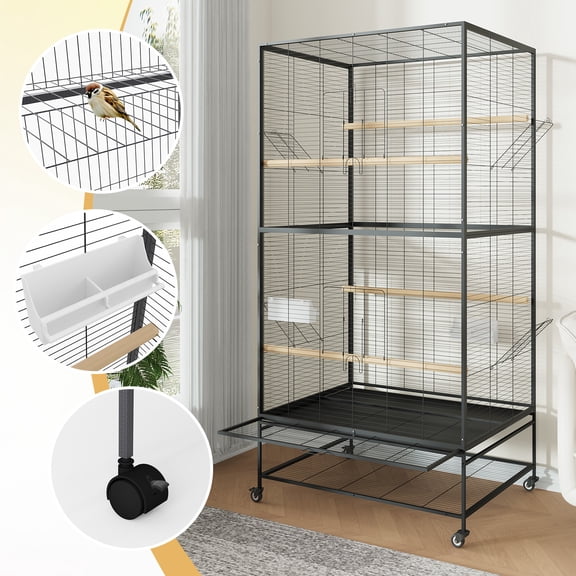 Spacious Flight Parrot Bird Cage with Rolling Stand & Storage Shelf 66 Inch Metal Aviary for Parakeets, Cockatiels, Conures, Budgies Durable Wrought Iron, Wood Perches, Feeders Black