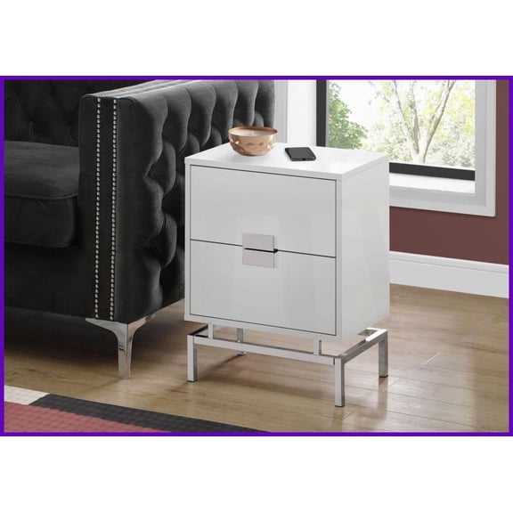 Spacious Glossy White Coffee Table with Chrome Metal Base  Versatile End Table/Nightstand for Small Spaces