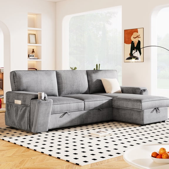 Spacious Gray Sleeper Sectional With Storage Solutions And Cup Holders Versatile 3 Pockets -