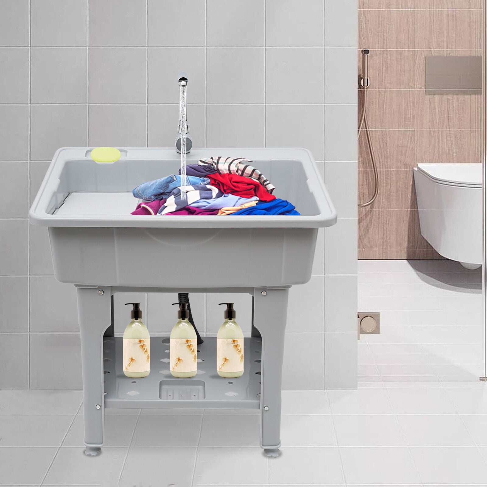 Spacious Gray Utility Sink Laundry Tub, Freestanding Sink Wash Station with Faucet for Household