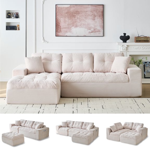 Spacious L-Shaped Modular Sectional Sofa with Ottoman - Boneless Cloud Couch, Deep Layered Cushion, Soft Corduroy Upholstery, Side Pockets, No Assembly