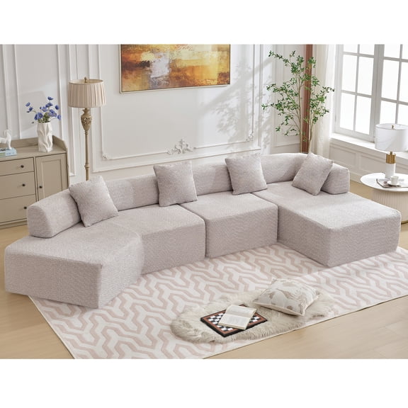 Spacious Living Room , 4 Seats, Gray Boucle, No Assembly Required 4 L-shape Boucle Couch, Assembly, Stylish Addition