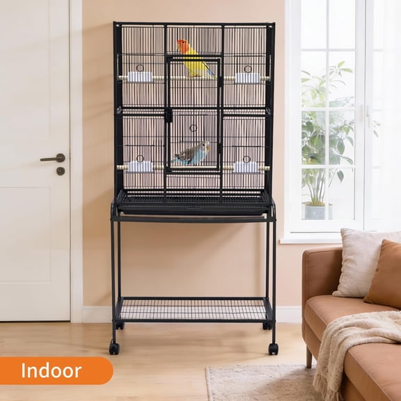 Spacious Metal Bird Cage for Parakeets, Parrots, Conures, Cockatiels – Extra Tall 62" Aviary with Rolling Stand, Easy to Clean, Wide Habitat, Black – Size 20