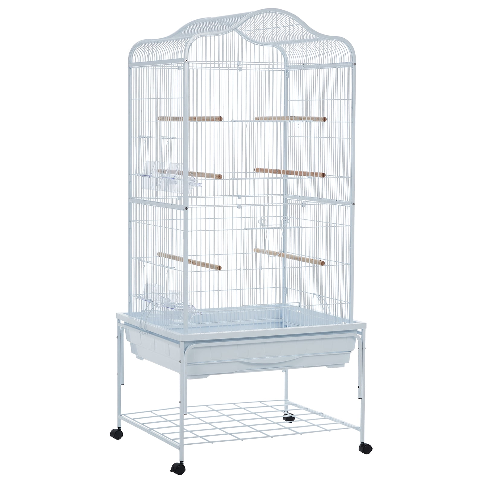 Spacious Metal Bird Cage with Play Top – Rolling Stand. Storage Shelf. -Out Tray – Flight Cage for Parrots. Cockatiels. Conures. Parakeets. Budgies. Lovebirds. Finches. Canaries – White
