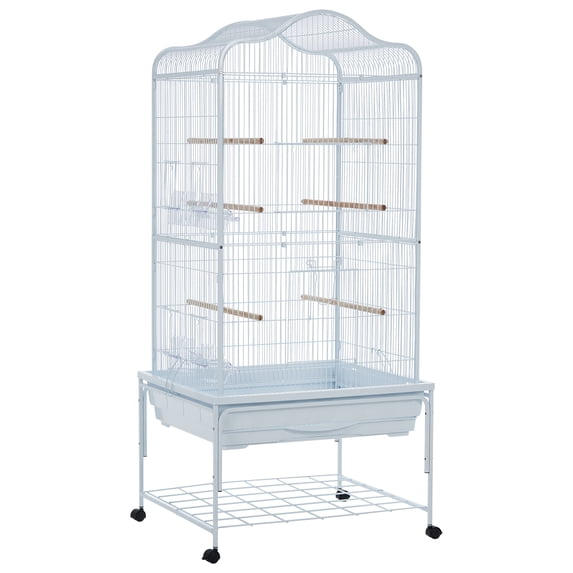 Spacious Metal Bird Cage with Play Top – Rolling Stand. Storage Shelf. -Out Tray – Flight Cage for Parrots. Cockatiels. Conures. Parakeets. Budgies. Lovebirds. Finches. Canaries – White