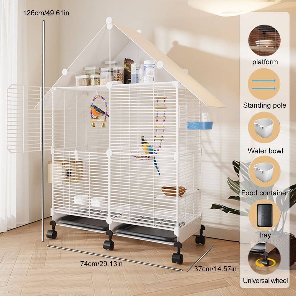 Photo inspiration: Gallery Detail: Spacious Metal Bird Cage With Roof Rolling Frame Hanging Toys