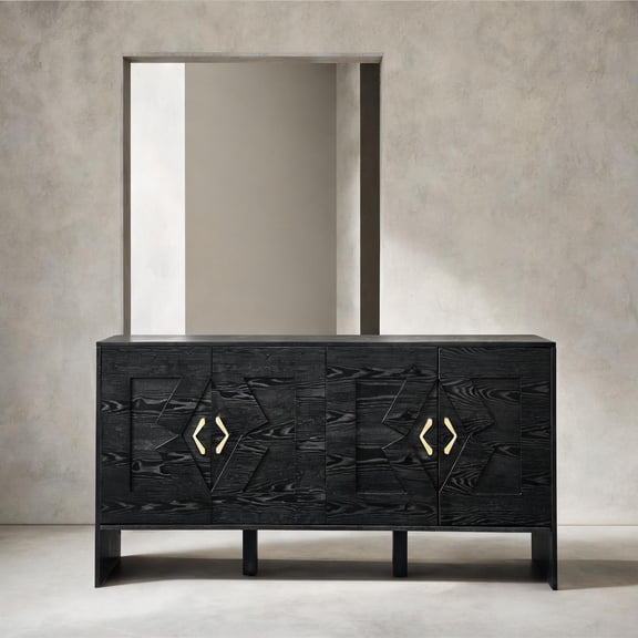 Spacious Mid Century Modern Sideboard Buffet with Adjustable Shelves, Geometric Diamond Pattern, Matte Black, 60 Inch