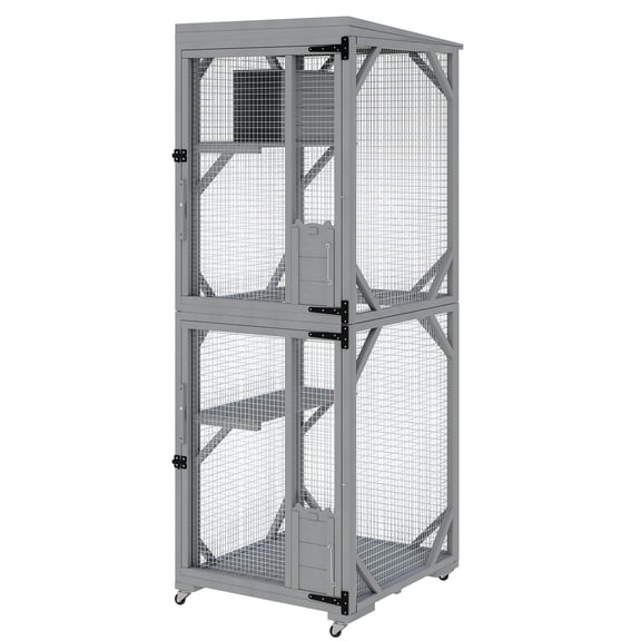 Spacious Multi-Level Outdoor Cat House with Wheels – Expandable Weatherproof Catio Enclosure, Walk-In Cat Cage for Multiple Cats, Durable Metal & Wood, Easy Access, Grey