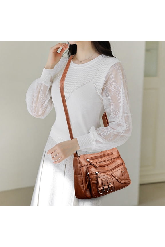 Spacious Multi-Zip Soft Washed Leather Shoulder Bag, Staron Large Capacity Crossbody Bag for Women Daily Use Travel Work, Lightweight Faux Leather Handbag with 6 Zipper Pockets, Brown